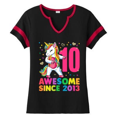 10 Years Old Unicorn Flossing 10th Birthday Girl Party Ladies Halftime Notch Neck Tee