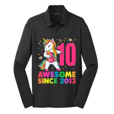 10 Years Old Unicorn Flossing 10th Birthday Girl Party Silk Touch Performance Long Sleeve Polo