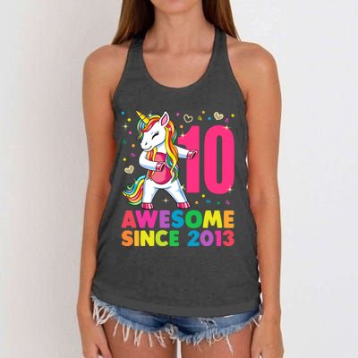 10 Years Old Unicorn Flossing 10th Birthday Girl Party Women's Knotted Racerback Tank