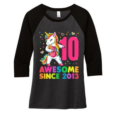 10 Years Old Unicorn Flossing 10th Birthday Girl Party Women's Tri-Blend 3/4-Sleeve Raglan Shirt