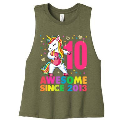 10 Years Old Unicorn Flossing 10th Birthday Girl Party Women's Racerback Cropped Tank