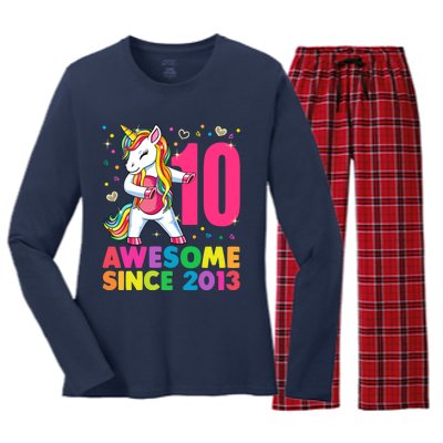 10 Years Old Unicorn Flossing 10th Birthday Girl Party Women's Long Sleeve Flannel Pajama Set 