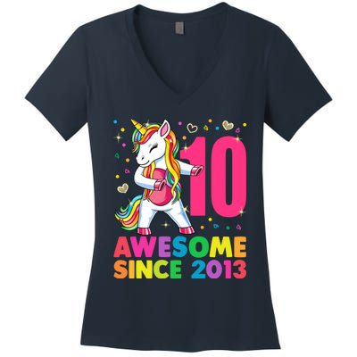 10 Years Old Unicorn Flossing 10th Birthday Girl Party Women's V-Neck T-Shirt