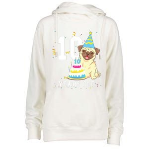 10 Years Old Birthday Pug Dog Lover Party Kids Boy Girl Womens Funnel Neck Pullover Hood