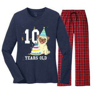 10 Years Old Birthday Pug Dog Lover Party Kids Boy Girl Women's Long Sleeve Flannel Pajama Set 