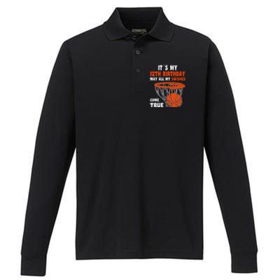 12 Year Old Happy 12th Birthday Basketball 12th Birthday Performance Long Sleeve Polo