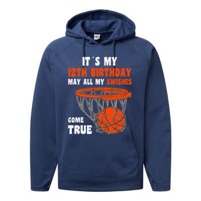 12 Year Old Happy 12th Birthday Basketball 12th Birthday Performance Fleece Hoodie