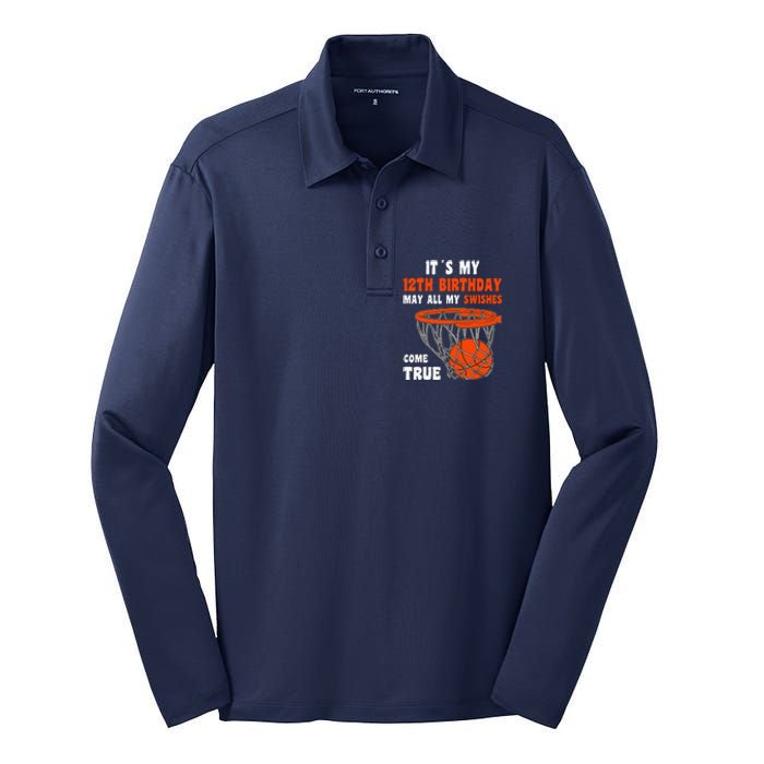 12 Year Old Happy 12th Birthday Basketball 12th Birthday Silk Touch Performance Long Sleeve Polo