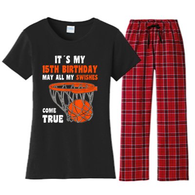 15 Year Old Happy 15th Birthday Basketball 15th Birthday Women's Flannel Pajama Set