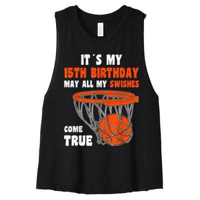 15 Year Old Happy 15th Birthday Basketball 15th Birthday Women's Racerback Cropped Tank