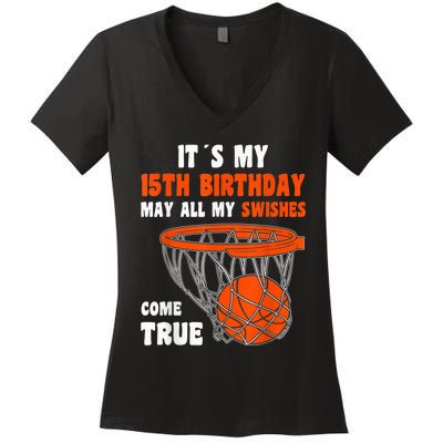 15 Year Old Happy 15th Birthday Basketball 15th Birthday Women's V-Neck T-Shirt