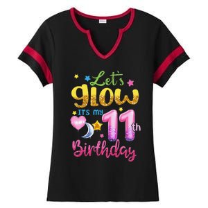 11 Years Old Let's Glow It's My 11th Birthday Ladies Halftime Notch Neck Tee