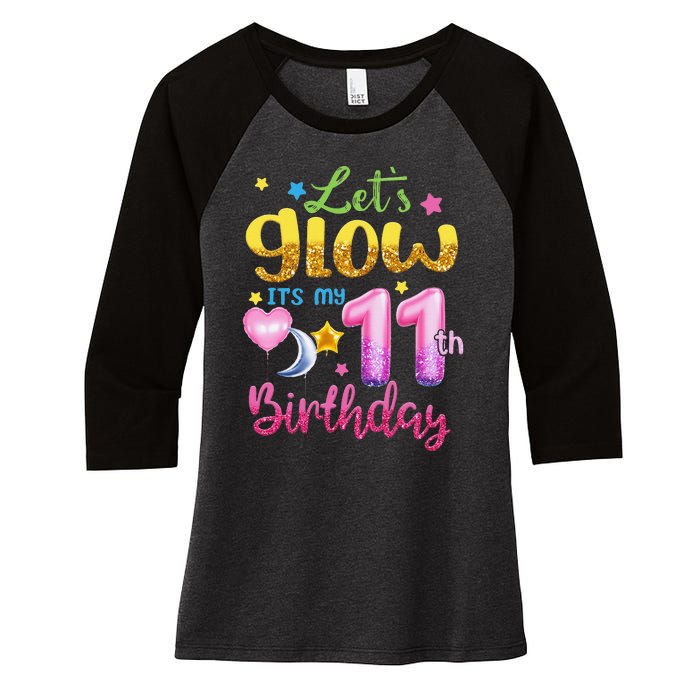 11 Years Old Let's Glow It's My 11th Birthday Women's Tri-Blend 3/4-Sleeve Raglan Shirt