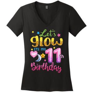 11 Years Old Let's Glow It's My 11th Birthday Women's V-Neck T-Shirt