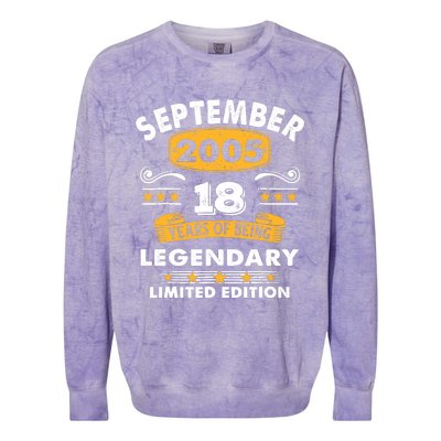 18 Years Old Legend Since September 2005 18th Birthday Gifts Colorblast Crewneck Sweatshirt