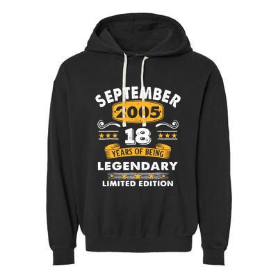 18 Years Old Legend Since September 2005 18th Birthday Gifts Garment-Dyed Fleece Hoodie