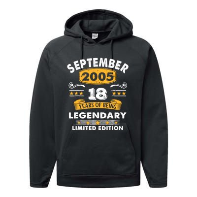 18 Years Old Legend Since September 2005 18th Birthday Gifts Performance Fleece Hoodie