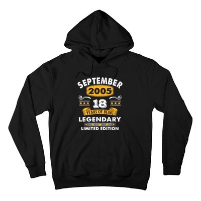 18 Years Old Legend Since September 2005 18th Birthday Gifts Hoodie