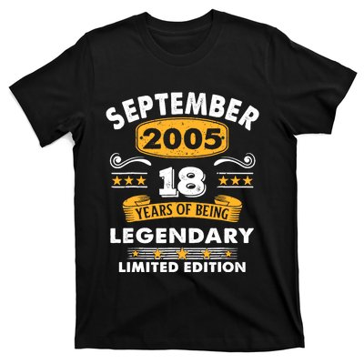 18 Years Old Legend Since September 2005 18th Birthday Gifts T-Shirt