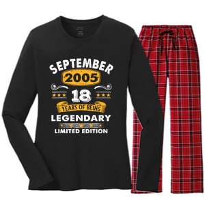 18 Years Old Legend Since September 2005 18th Birthday Gifts Women's Long Sleeve Flannel Pajama Set 