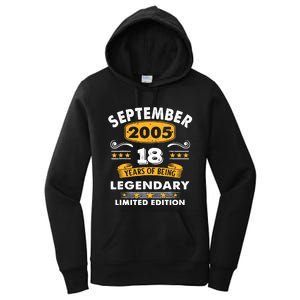 18 Years Old Legend Since September 2005 18th Birthday Gifts Women's Pullover Hoodie