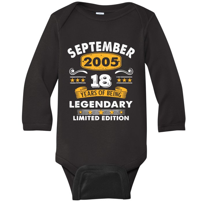 18 Years Old Legend Since September 2005 18th Birthday Gifts Baby Long Sleeve Bodysuit