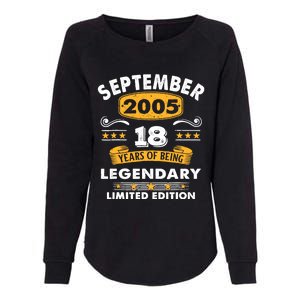 18 Years Old Legend Since September 2005 18th Birthday Gifts Womens California Wash Sweatshirt