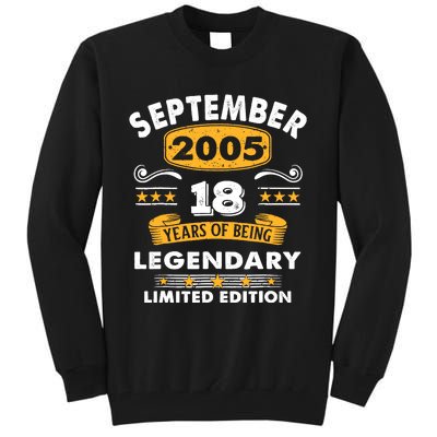 18 Years Old Legend Since September 2005 18th Birthday Gifts Tall Sweatshirt