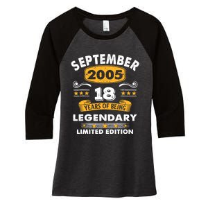 18 Years Old Legend Since September 2005 18th Birthday Gifts Women's Tri-Blend 3/4-Sleeve Raglan Shirt