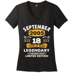 18 Years Old Legend Since September 2005 18th Birthday Gifts Women's V-Neck T-Shirt