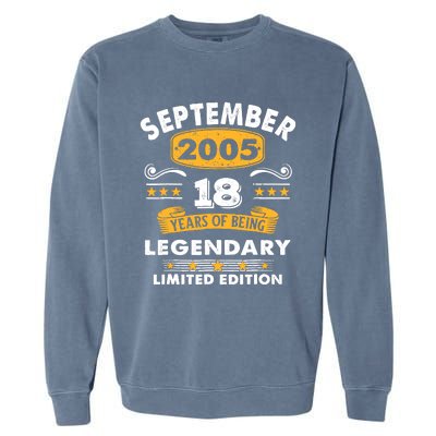 18 Years Old Legend Since September 2005 18th Birthday Gifts Garment-Dyed Sweatshirt