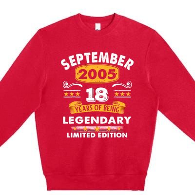 18 Years Old Legend Since September 2005 18th Birthday Gifts Premium Crewneck Sweatshirt