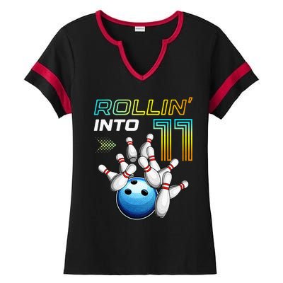 11 Year Old Bowling Retro Vintage 11th Birthday Ladies Halftime Notch Neck Tee