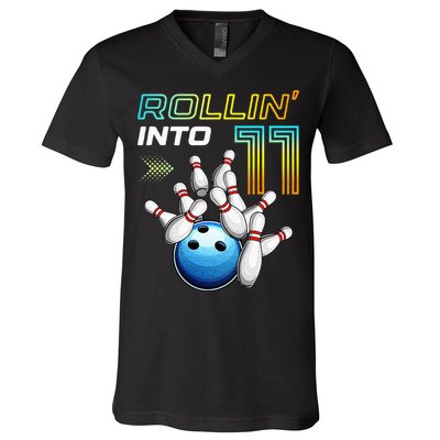 11 Year Old Bowling Retro Vintage 11th Birthday V-Neck T-Shirt