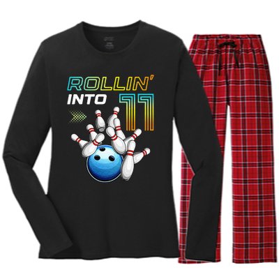 11 Year Old Bowling Retro Vintage 11th Birthday Women's Long Sleeve Flannel Pajama Set 