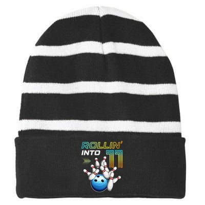 11 Year Old Bowling Retro Vintage 11th Birthday Striped Beanie with Solid Band