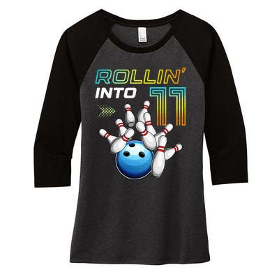 11 Year Old Bowling Retro Vintage 11th Birthday Women's Tri-Blend 3/4-Sleeve Raglan Shirt