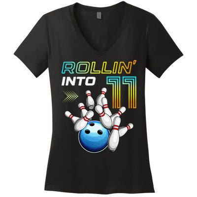 11 Year Old Bowling Retro Vintage 11th Birthday Women's V-Neck T-Shirt