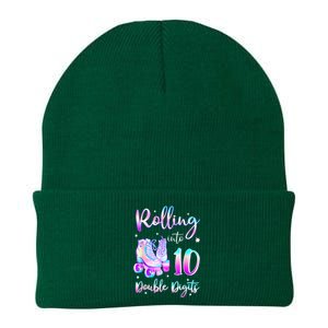 10 Years Old Birthday Girl Rolling Into 10th Double Digits Knit Cap Winter Beanie