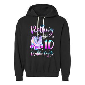 10 Years Old Birthday Girl Rolling Into 10th Double Digits Garment-Dyed Fleece Hoodie