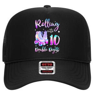 10 Years Old Birthday Girl Rolling Into 10th Double Digits High Crown Mesh Back Trucker Hat