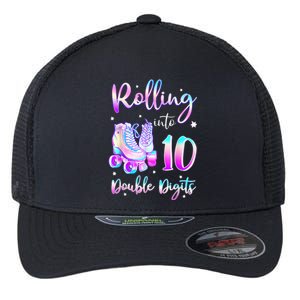 10 Years Old Birthday Girl Rolling Into 10th Double Digits Flexfit Unipanel Trucker Cap