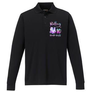 10 Years Old Birthday Girl Rolling Into 10th Double Digits Performance Long Sleeve Polo