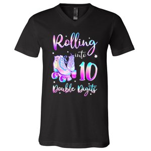 10 Years Old Birthday Girl Rolling Into 10th Double Digits V-Neck T-Shirt