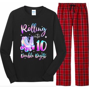 10 Years Old Birthday Girl Rolling Into 10th Double Digits Long Sleeve Pajama Set