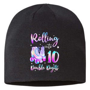 10 Years Old Birthday Girl Rolling Into 10th Double Digits Sustainable Beanie