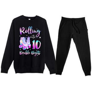 10 Years Old Birthday Girl Rolling Into 10th Double Digits Premium Crewneck Sweatsuit Set