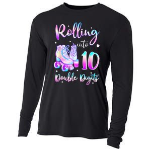 10 Years Old Birthday Girl Rolling Into 10th Double Digits Cooling Performance Long Sleeve Crew