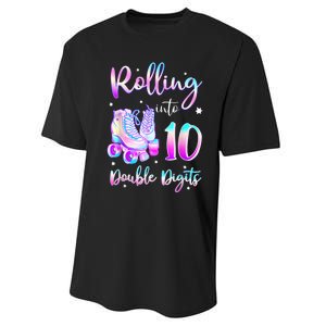 10 Years Old Birthday Girl Rolling Into 10th Double Digits Performance Sprint T-Shirt