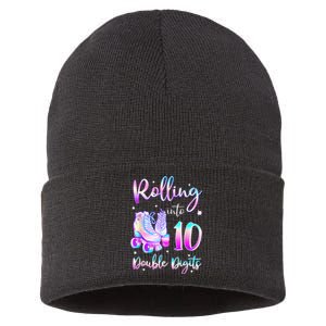 10 Years Old Birthday Girl Rolling Into 10th Double Digits Sustainable Knit Beanie